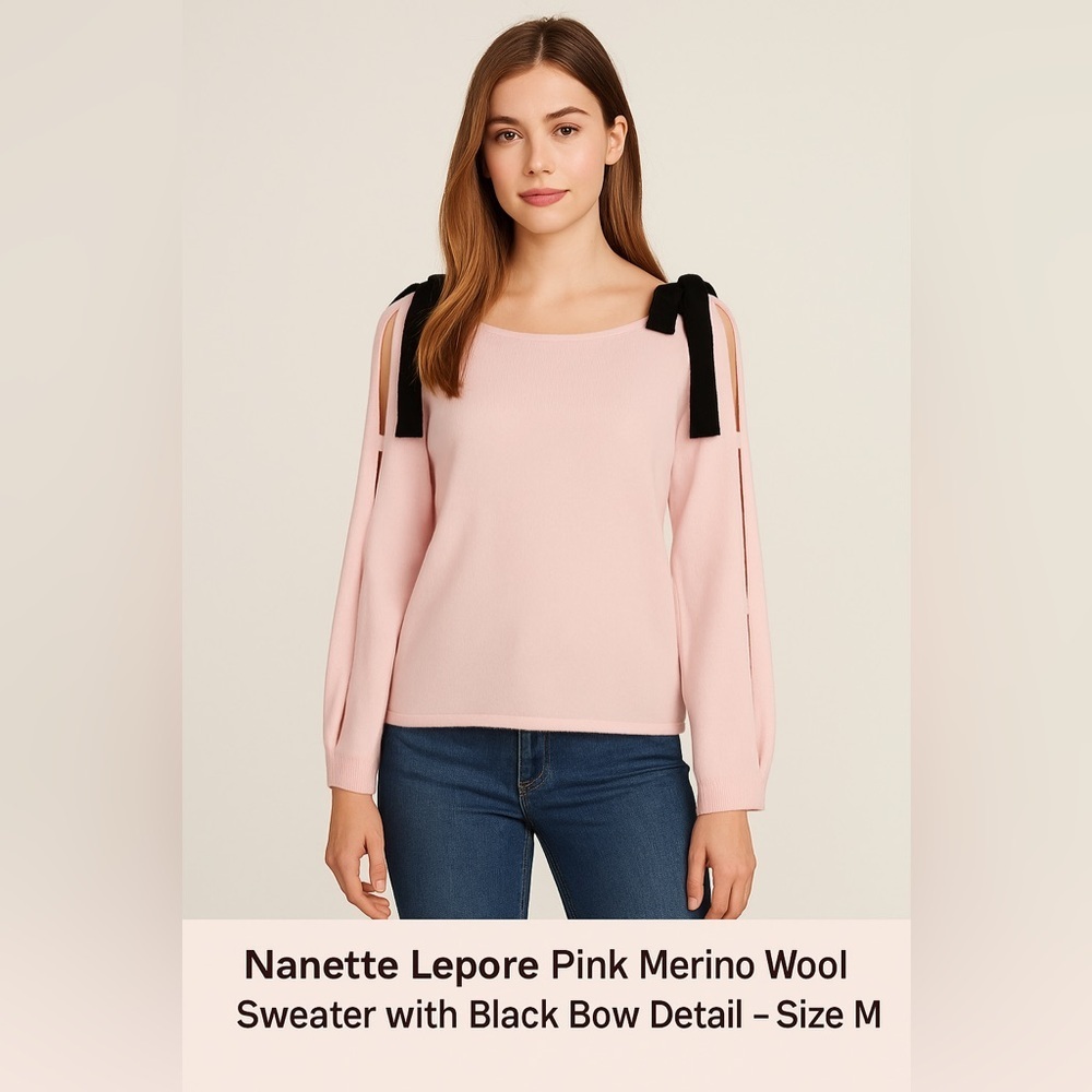 Nanette Lepore Pink Merino Wool Sweater with Black Bow Detail – Size M